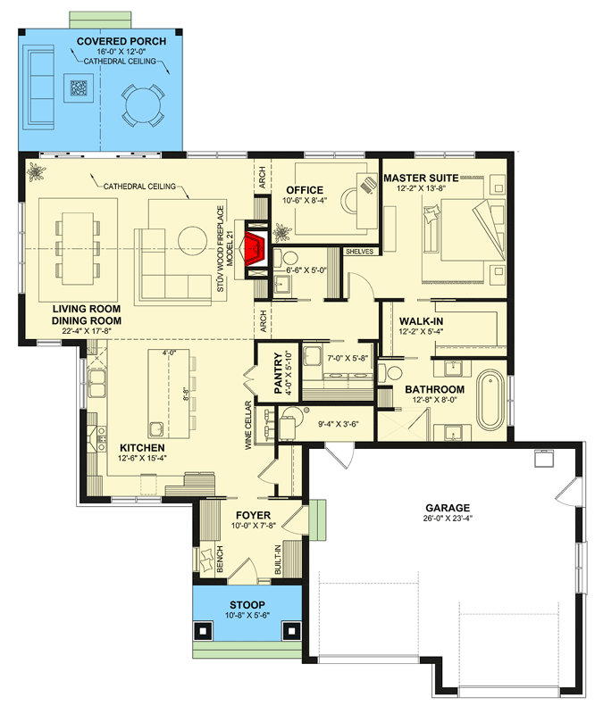 Plan 22745DR: Transitional Country Cottage with Two-Car garage and Home Office - Floor Plan - Optional Main Slab Level - Cottage, Country, New American, Transitional