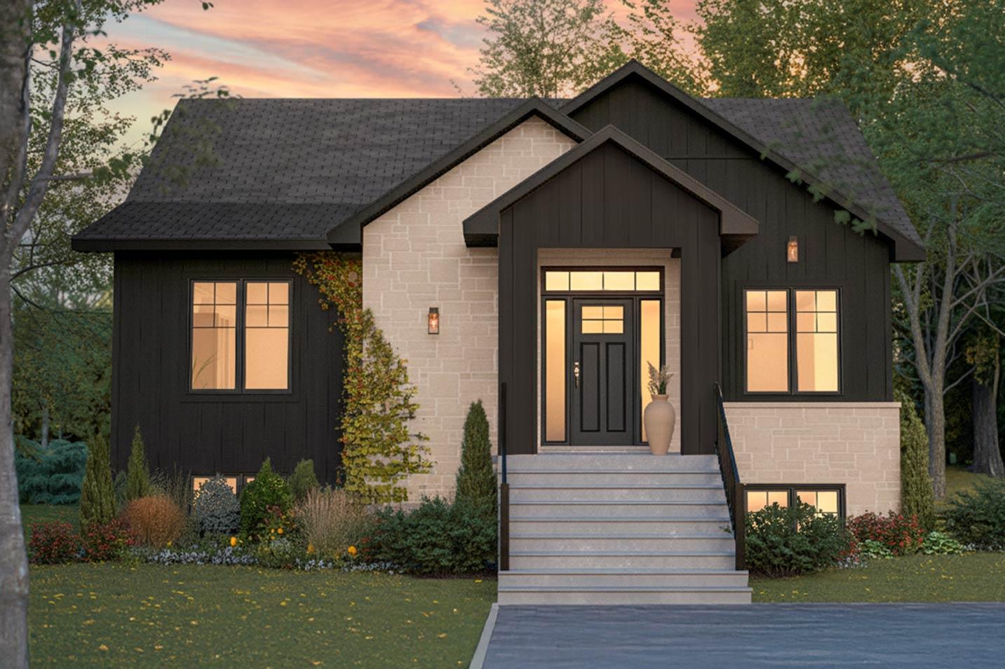 House plan exterior. Two-story house in Modern style. Features include gabled roof, stone veneer, and covered entry porch with stairs.