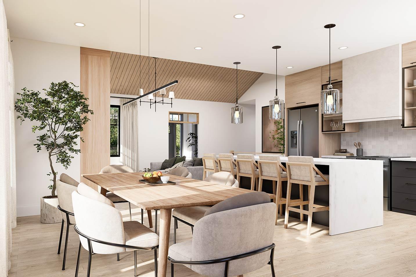 Open concept living area with dining table, kitchen island with seating, vaulted wood ceiling, and modern lighting.