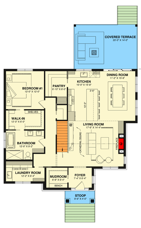 Plan 22746DR: Modern New American House Plan with Three Bedrooms and Cathedral Ceilings - Floor Plan - Main Level - European, Modern, New American, Ranch, Transitional