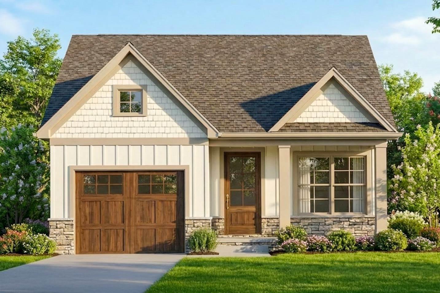 House plan exterior with Craftsman style. Features include gabled roof, stone accents, and a front-facing garage with wood paneled door.