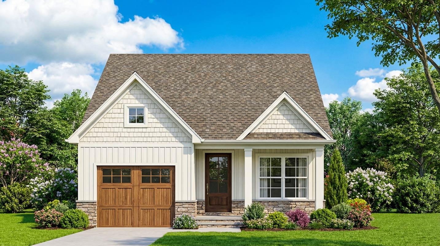 House plan exterior: one-story Modern Farmhouse with gable dormer, board-and-batten siding, stone foundation, and two-car garage.