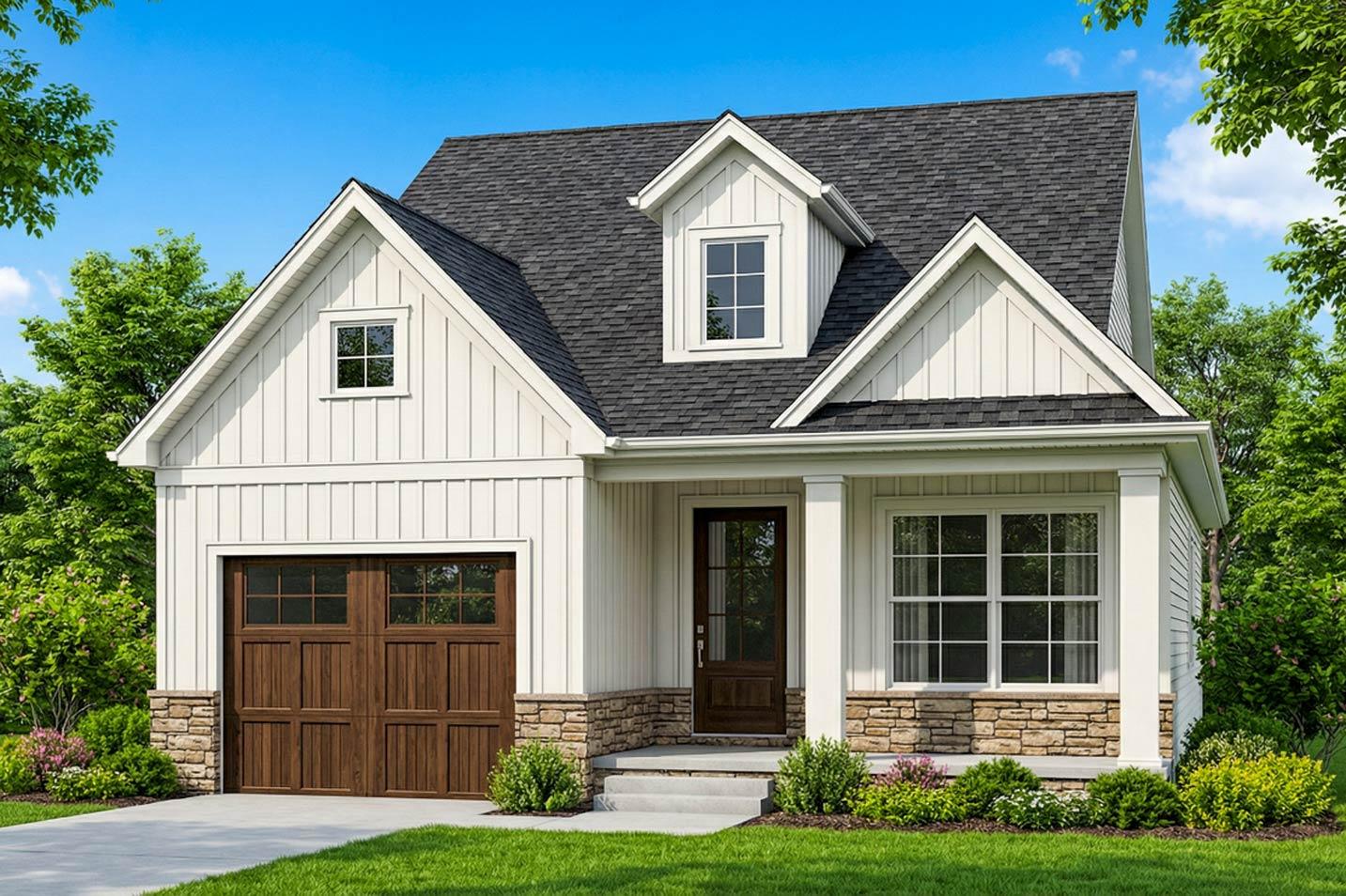 House plan exterior. Two-story Modern Farmhouse with gables, a covered porch, and a dormer. Features a garage and stone facade accents.