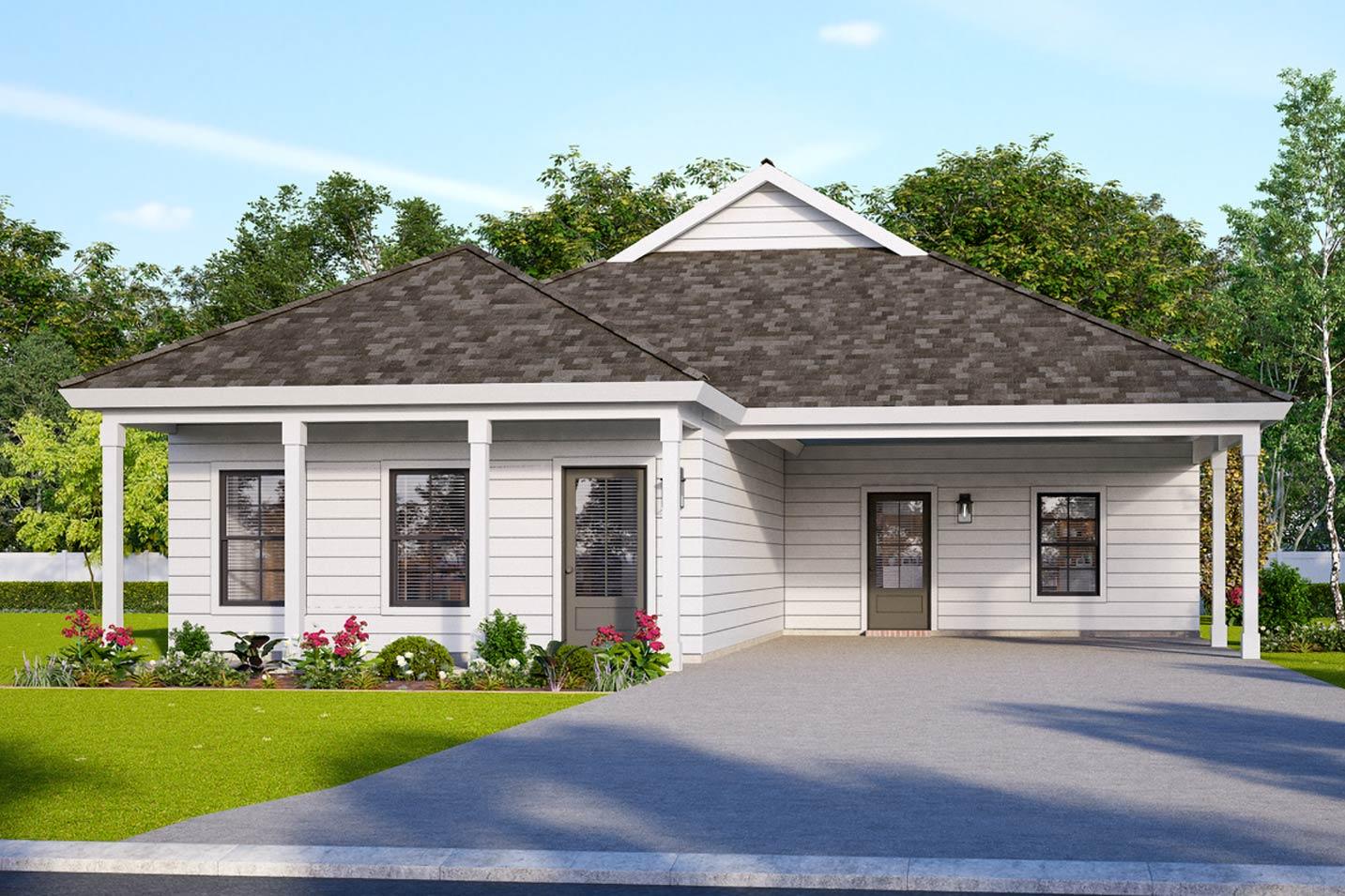 House plan exterior featuring a single-story design, a covered porch, gabled roof, and a side entry garage.