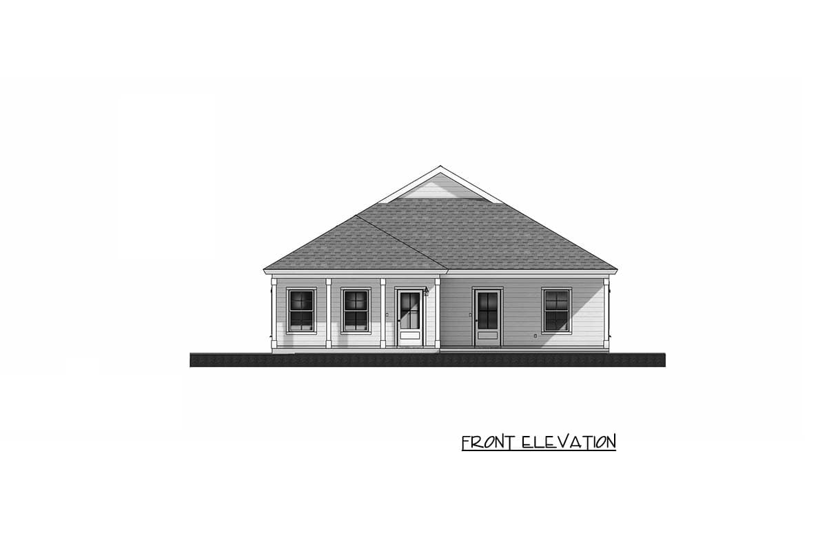Front elevation of a single-story house plan with a covered porch, gable roof, and three windows.