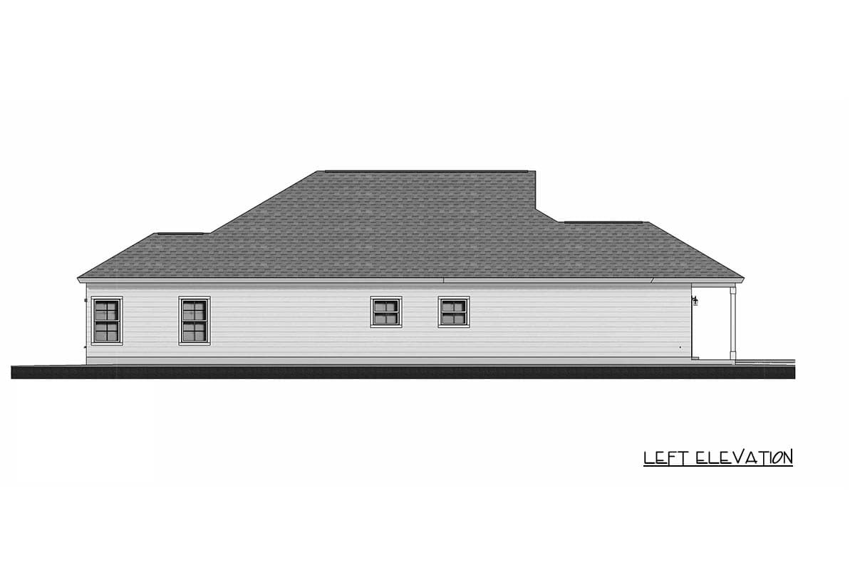 Left elevation of a one-story house plan with horizontal siding, multiple windows, and a hipped roofline.