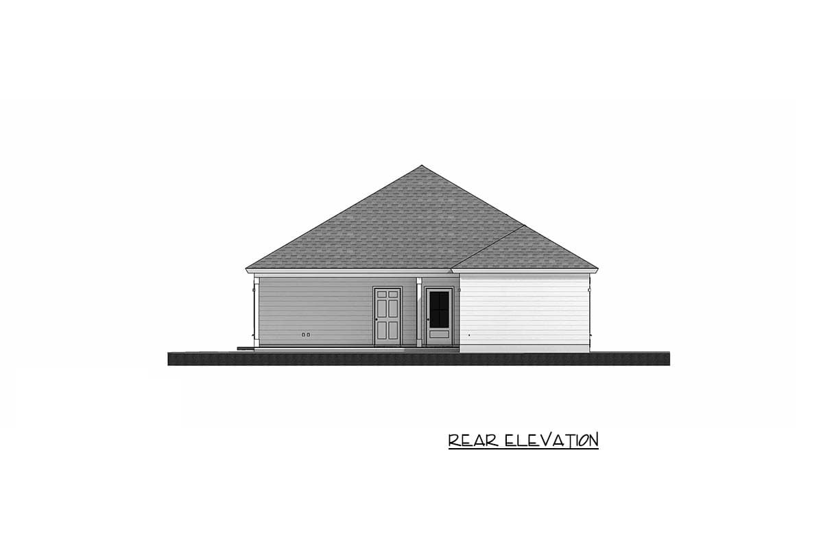 Rear elevation drawing of a one-story house with a gable roof, two doors, and horizontal siding.
