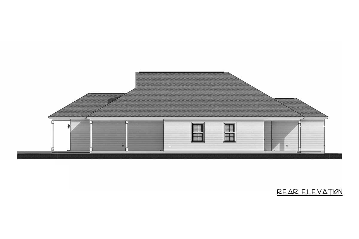 Rear elevation of a one-story house plan featuring a hip roof, front porch with columns, and two windows.