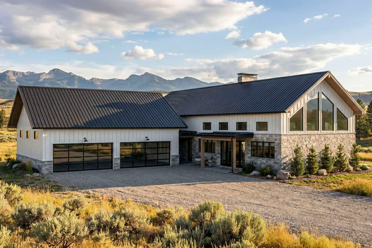 House plan exterior. Modern farmhouse style with two stories, gabled rooflines, stone and siding exterior, and a two-car garage.