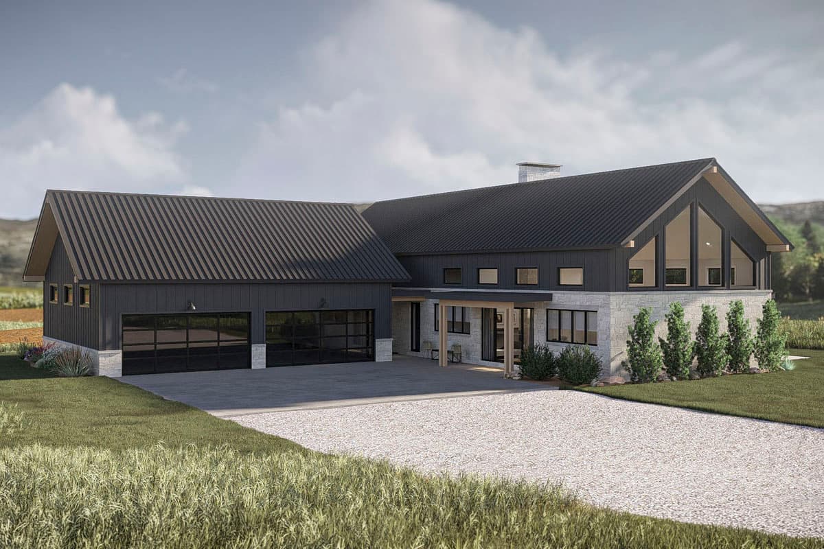 Modern house plan exterior with attached three-car garage, gabled rooflines, stone and dark siding, and large A-frame windows.