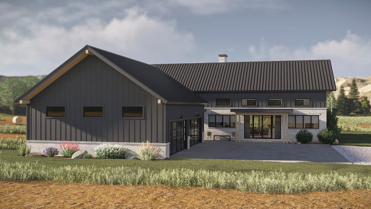 Modern house plan exterior with dark vertical siding, stone accents, metal roof, and two glass garage doors.