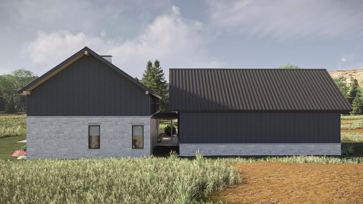 House plan exterior with stone base, dark vertical siding, gabled roof, and metal roof.