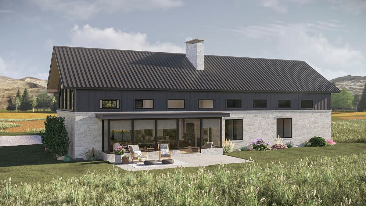 Two-story modern house plan with stone base, dark metal siding, gabled roof, large windows, and prominent stone chimney.
