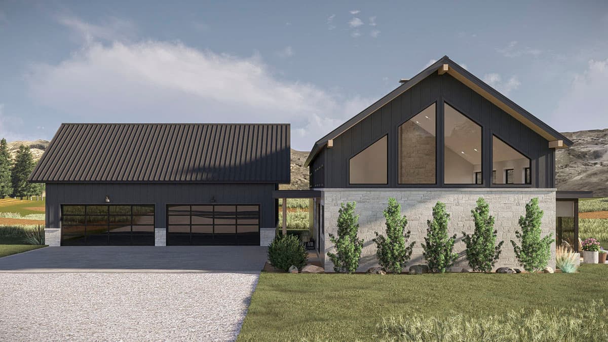 Modern house plan exterior featuring a steeply pitched gable roof, stone base, and large angular windows. Includes a three-car garage.