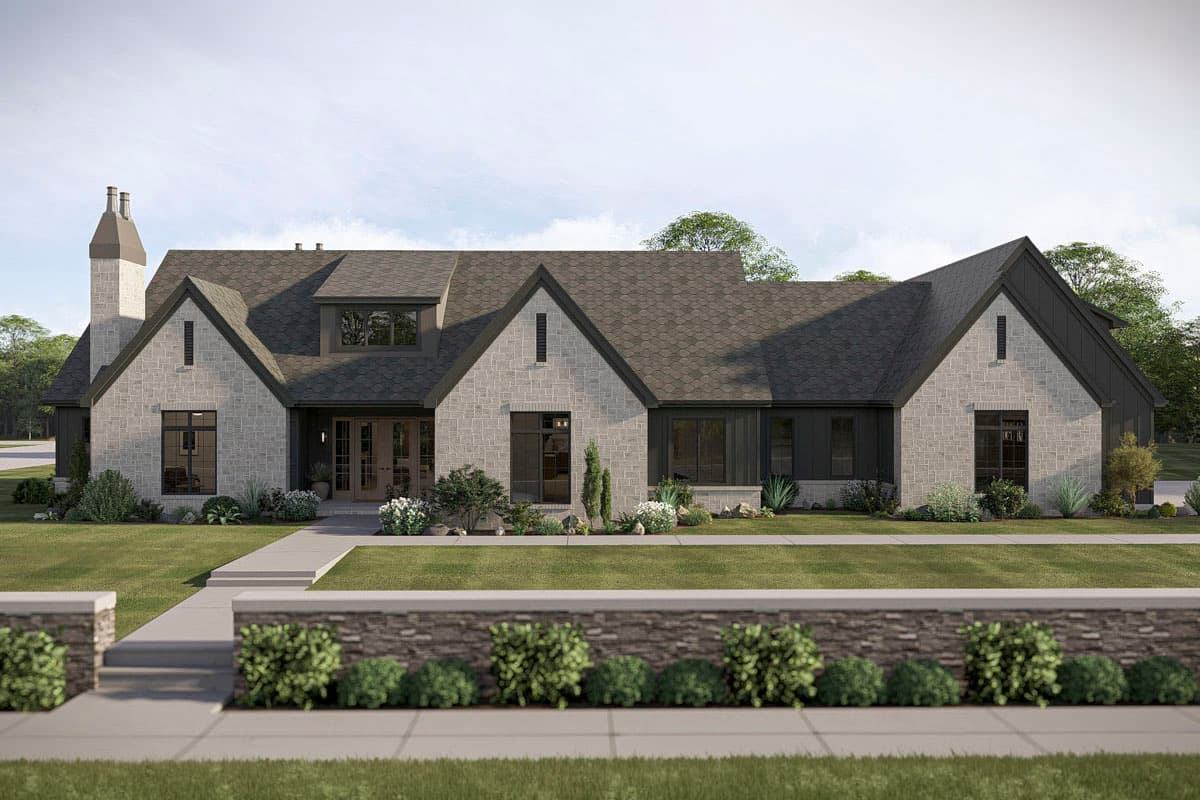 House plan exterior: One-story Modern Farmhouse with stone facade, prominent gables, dormer window, and dark metal roof.