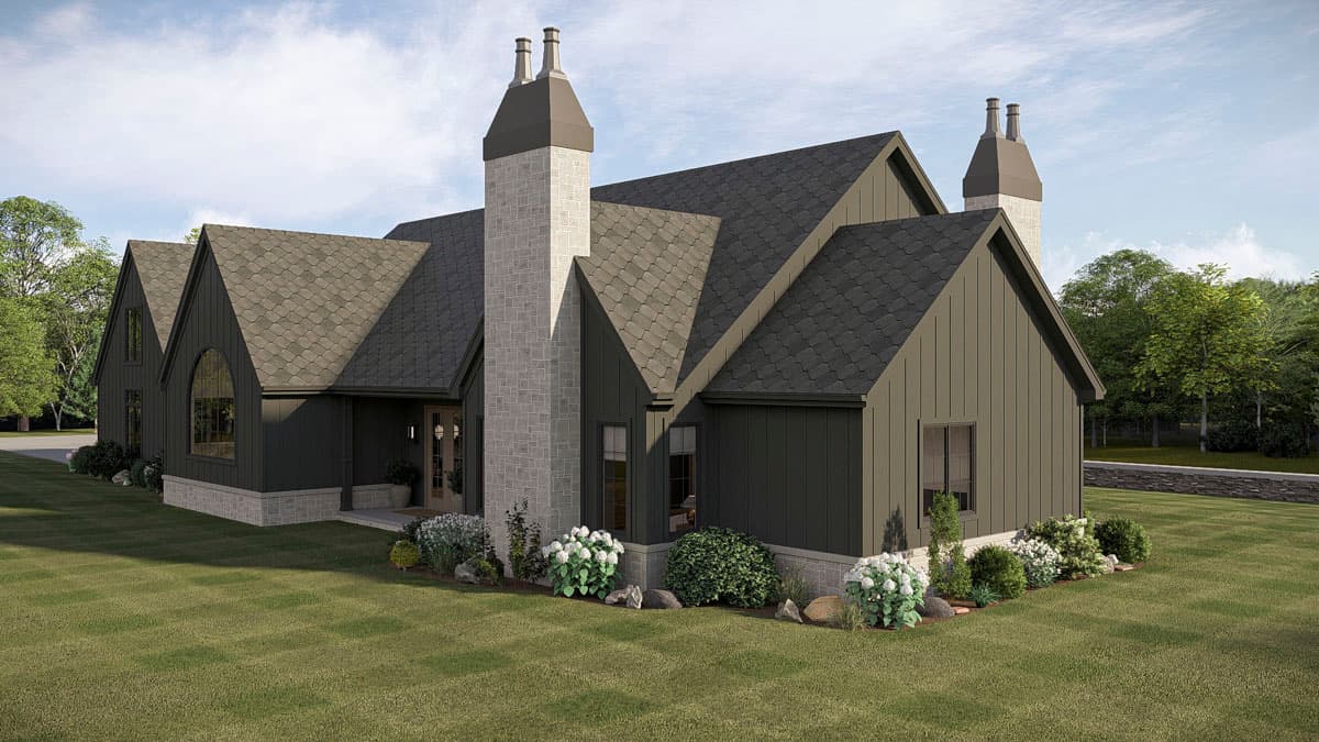 House plan exterior: Modern farmhouse style with gables, stone chimney, and dark vertical siding.