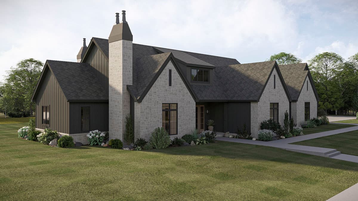 House plan exterior, two-story, stone and vertical siding, multiple gables, and a prominent stone chimney with twin flues.