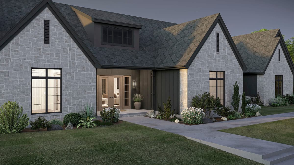 House plan exterior showing a two-story modern farmhouse with stone accents, gabled roofs, and a covered entry with double doors.