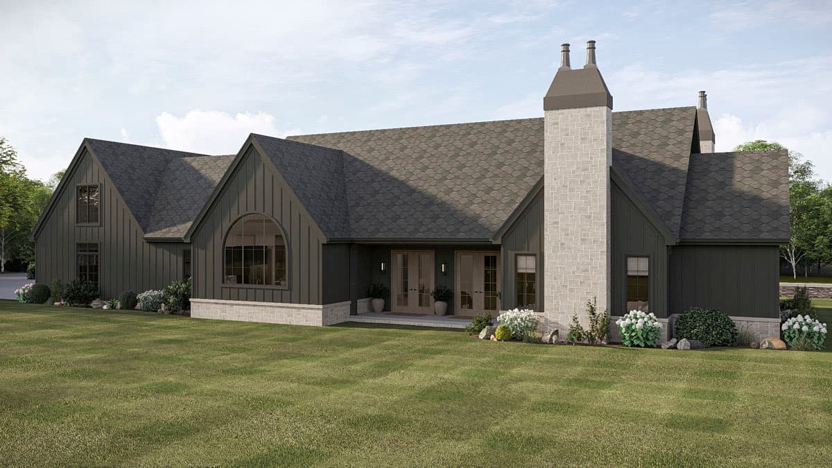 Modern Farmhouse house plan exterior with board and batten siding, stone accents, prominent chimney, and multiple gables.