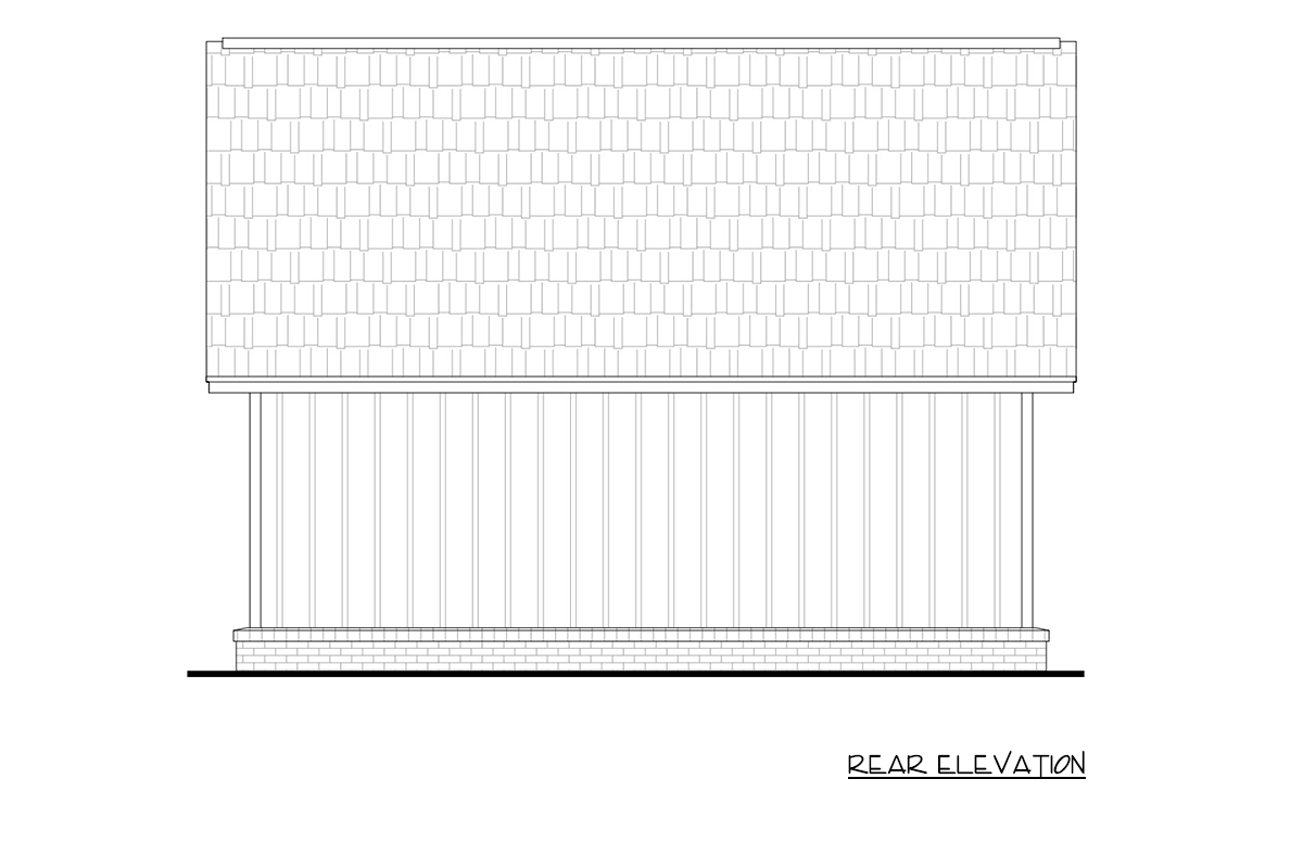 Rear elevation drawing of a house plan showing a hip roof and vertical siding below.