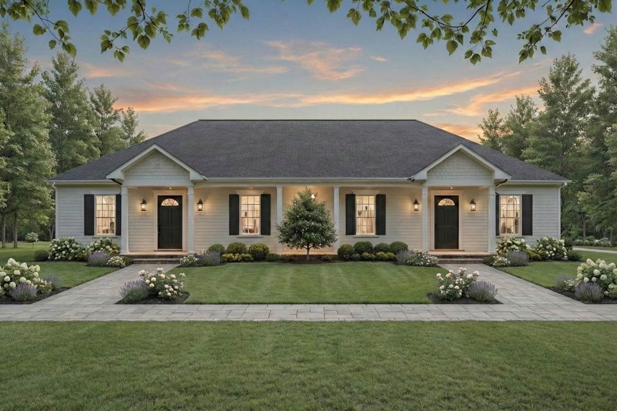 House plan exterior of a single-story Modern Farmhouse with symmetrical entrances, gables, and a covered front porch.
