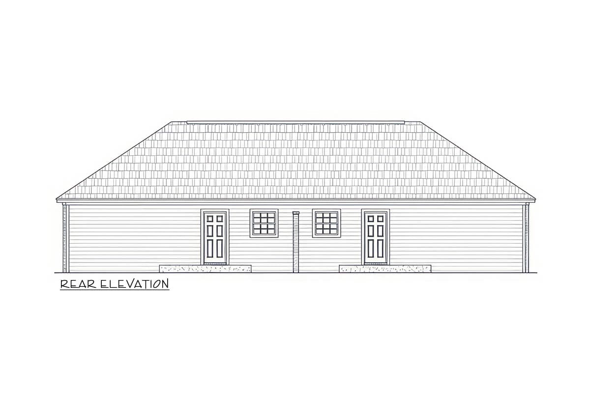Rear elevation drawing of a one-story house plan with a hip roof, two doors, and two windows.