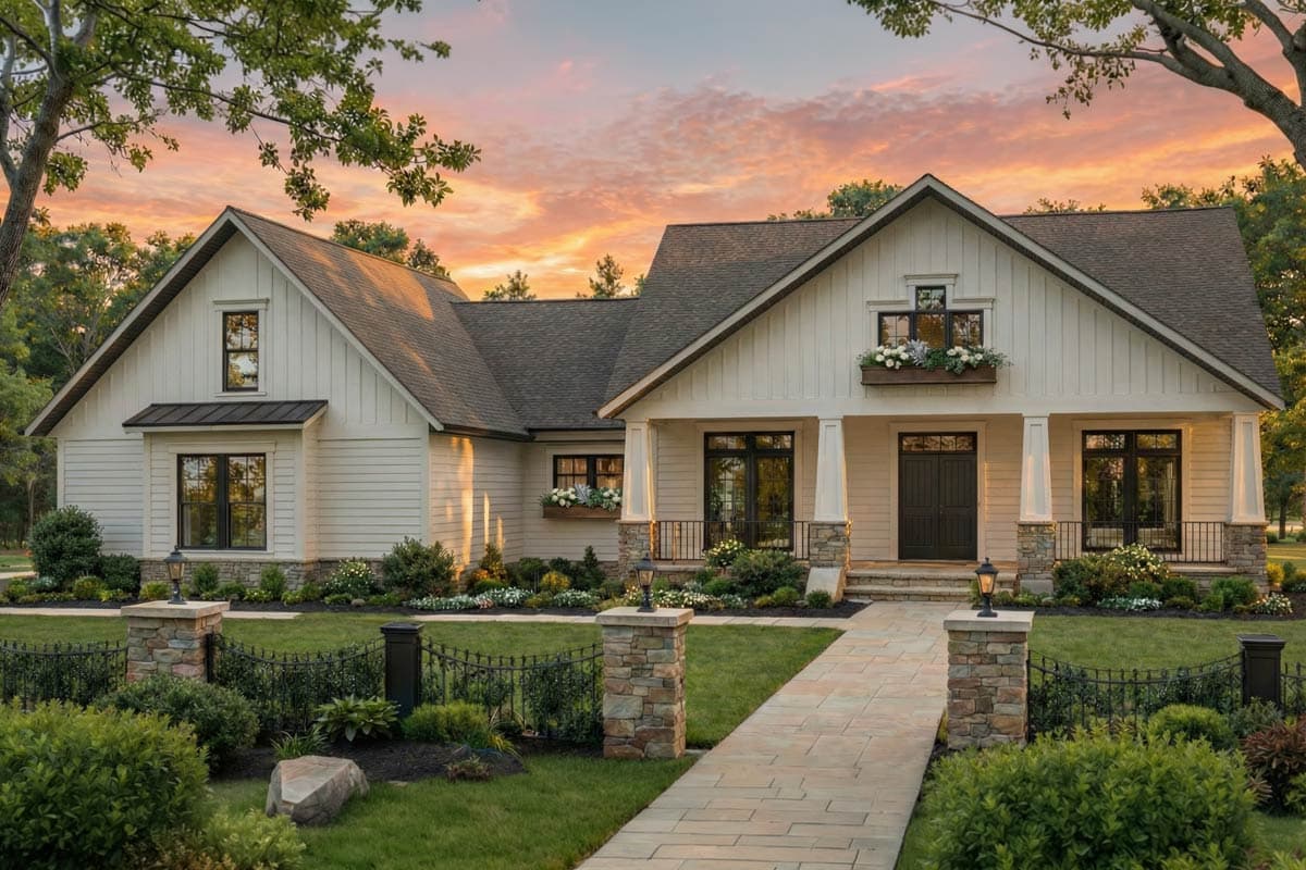 Modern Farmhouse style house plan exterior with gabled roof, board and batten siding, covered porch, and stone accents.