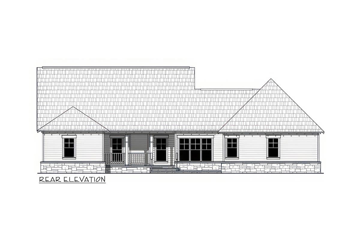 Rear elevation drawing of a one-story house plan with a covered porch, gabled rooflines, and stone foundation.