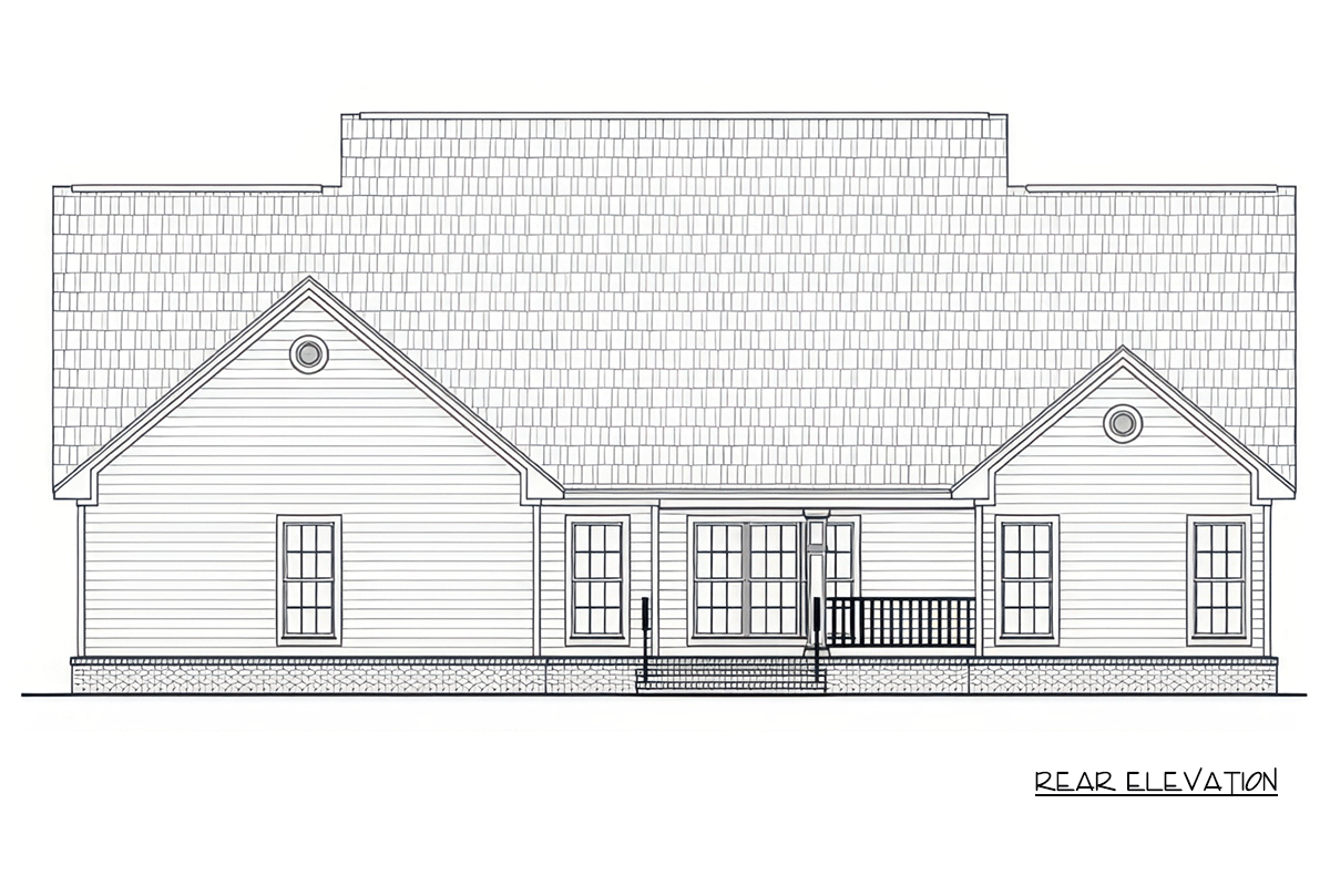 Rear elevation drawing of a one-story house plan with gabled rooflines, double-hung windows, and a covered porch.
