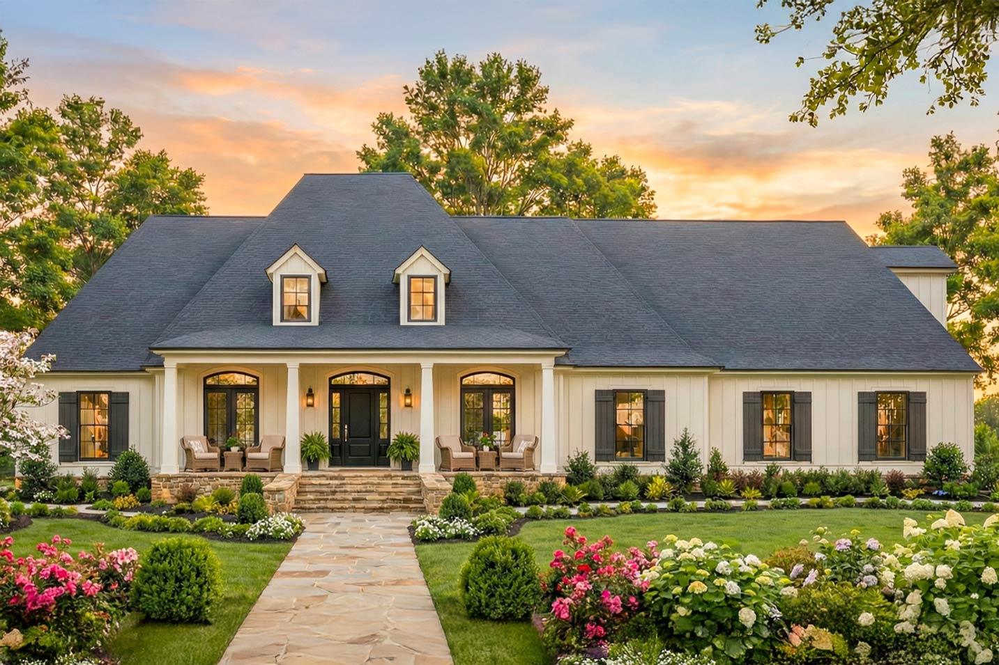 House plan exterior: Ranch style, one story, with a prominent central gabled dormer, deep front porch, and board and batten siding.