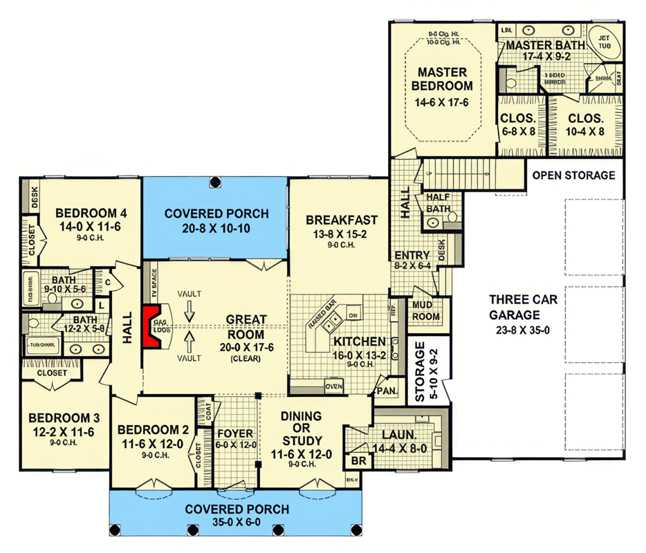 Plan 51373MM: Modern Farmhouse House Plan with Four Bedrooms and Three Car Garage - Floor Plan - Main Level - Country, Modern Farmhouse, Southern, Traditional