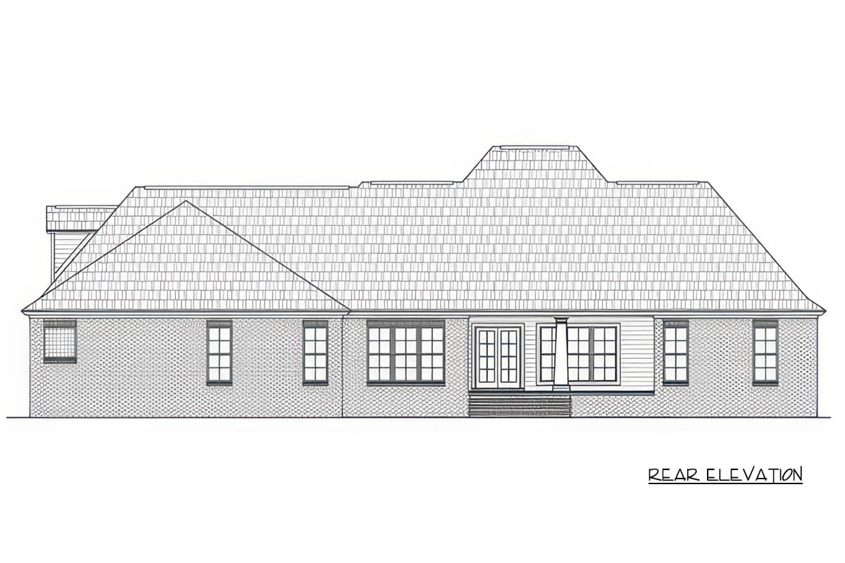 Rear elevation drawing of a one-story house with brick exterior, gabled roof, double doors, and multiple windows.