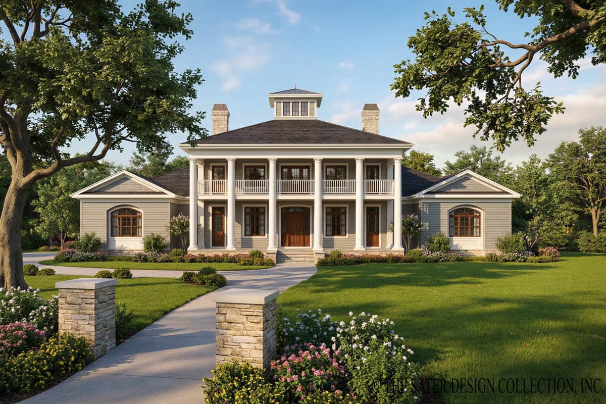 House plan exterior. Two-story Colonial-style home with prominent columns, second-story balcony, and centered cupola with decorative windows.
