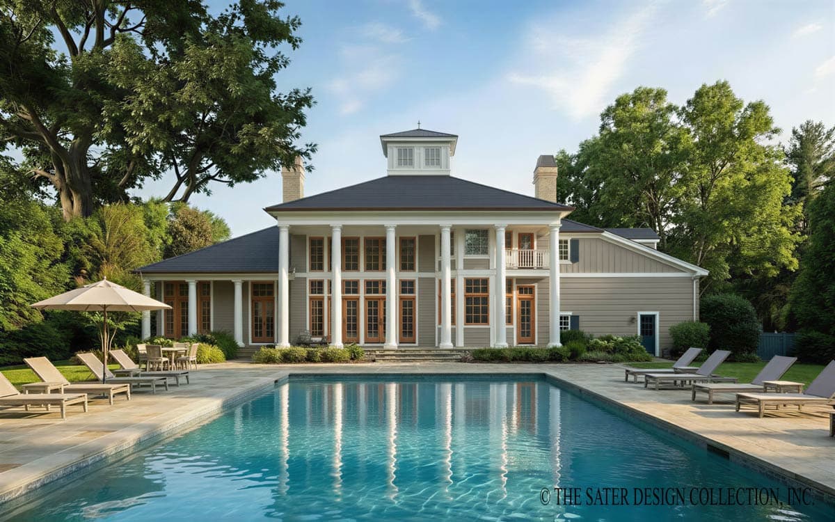 House plan exterior featuring a two-story central portico with columns, double-hung windows, and a dark hip roof.