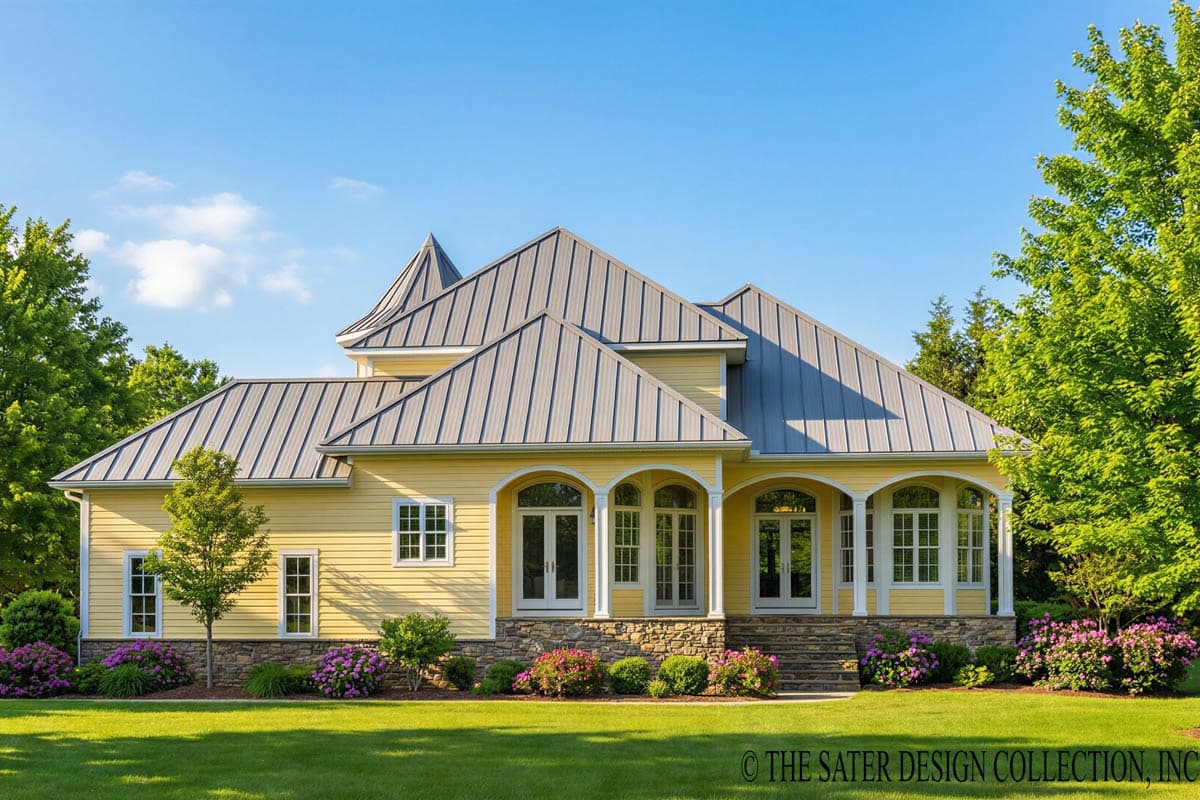 House plan exterior: Traditional style, one-story with metal roof, arched entryway, and stone base.
