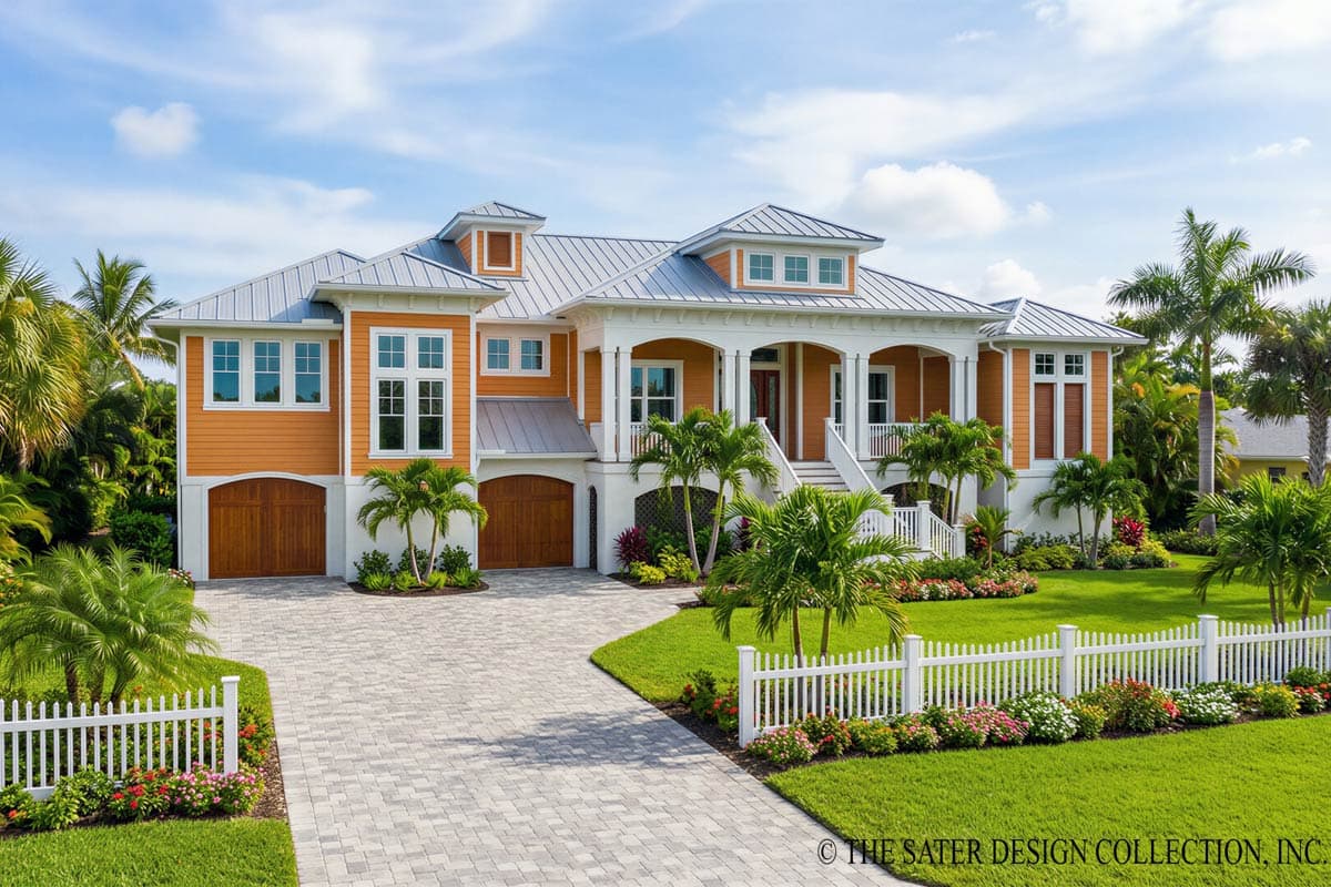 House plan exterior with orange siding, metal roof, prominent porch with columns, and attached garages.