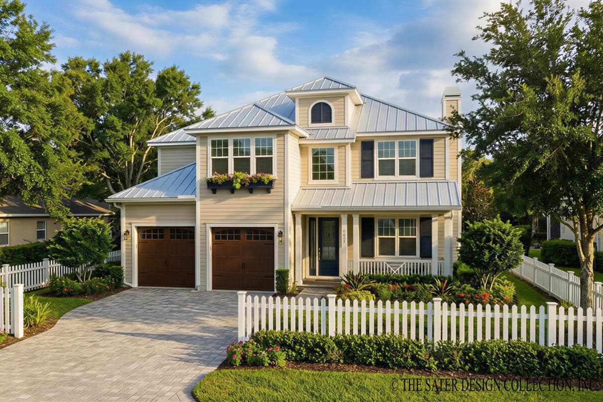 House plan exterior with a two-story design. Features include a metal roof, dormers, a front porch with columns, and a two-car garage.