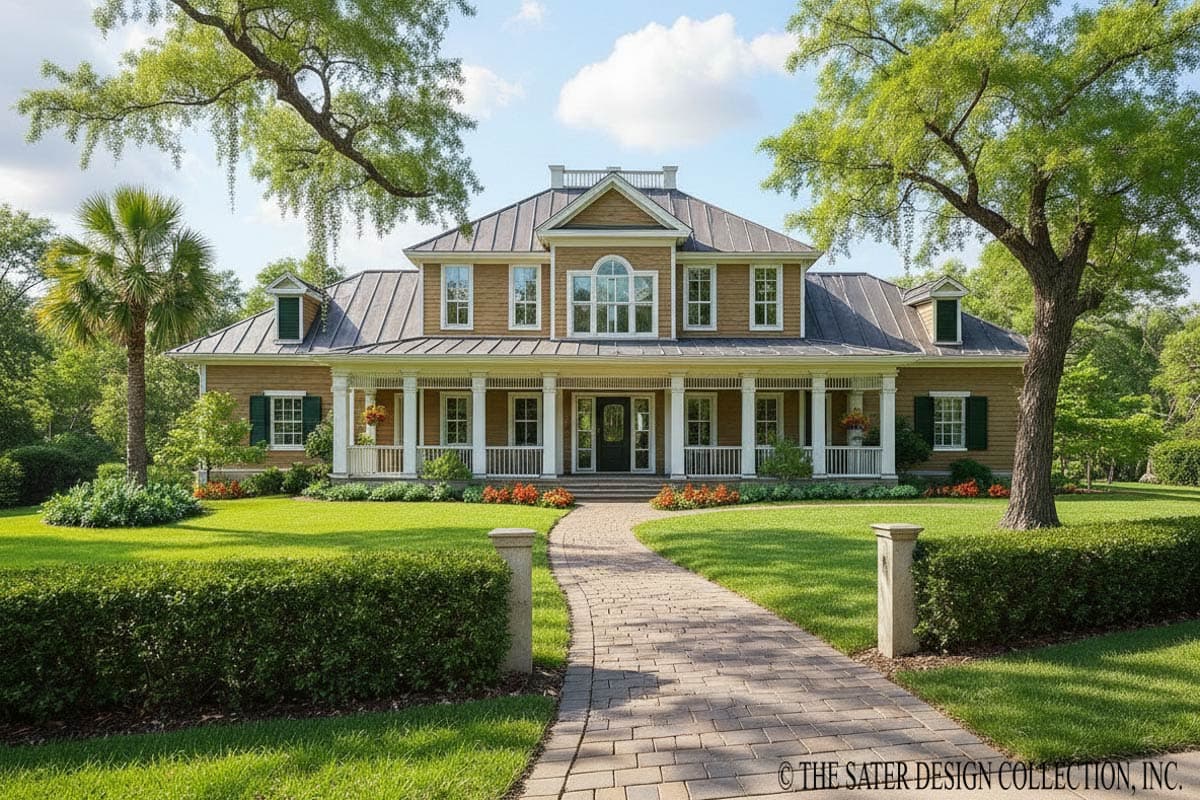 House plan exterior. Two-story Colonial with a wraparound porch, gables, dormers, and a standing seam metal roof.