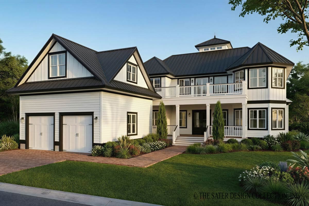 House plan exterior: Modern Farmhouse style with two-car garage, board-and-batten siding, dormers, and wraparound porch.