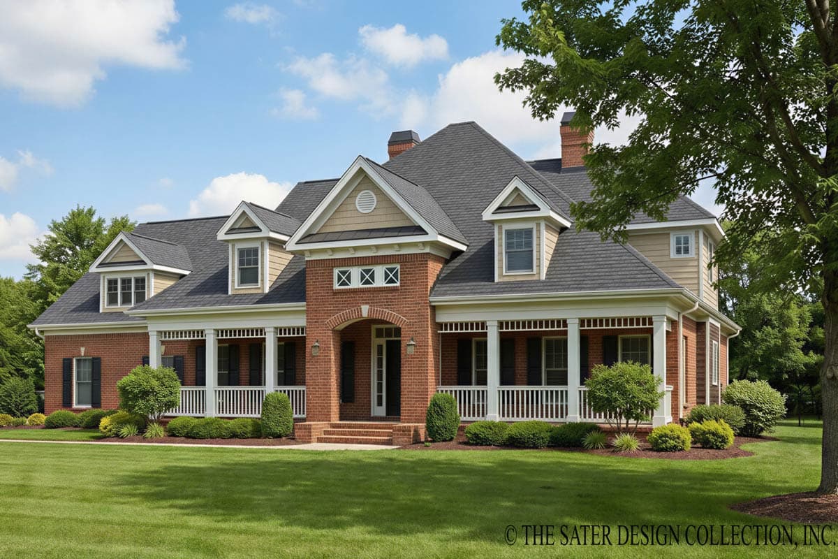 House plan exterior. Two-story Colonial with brick facade, front porch, multiple dormers, and gabled rooflines. Includes mature landscaping.