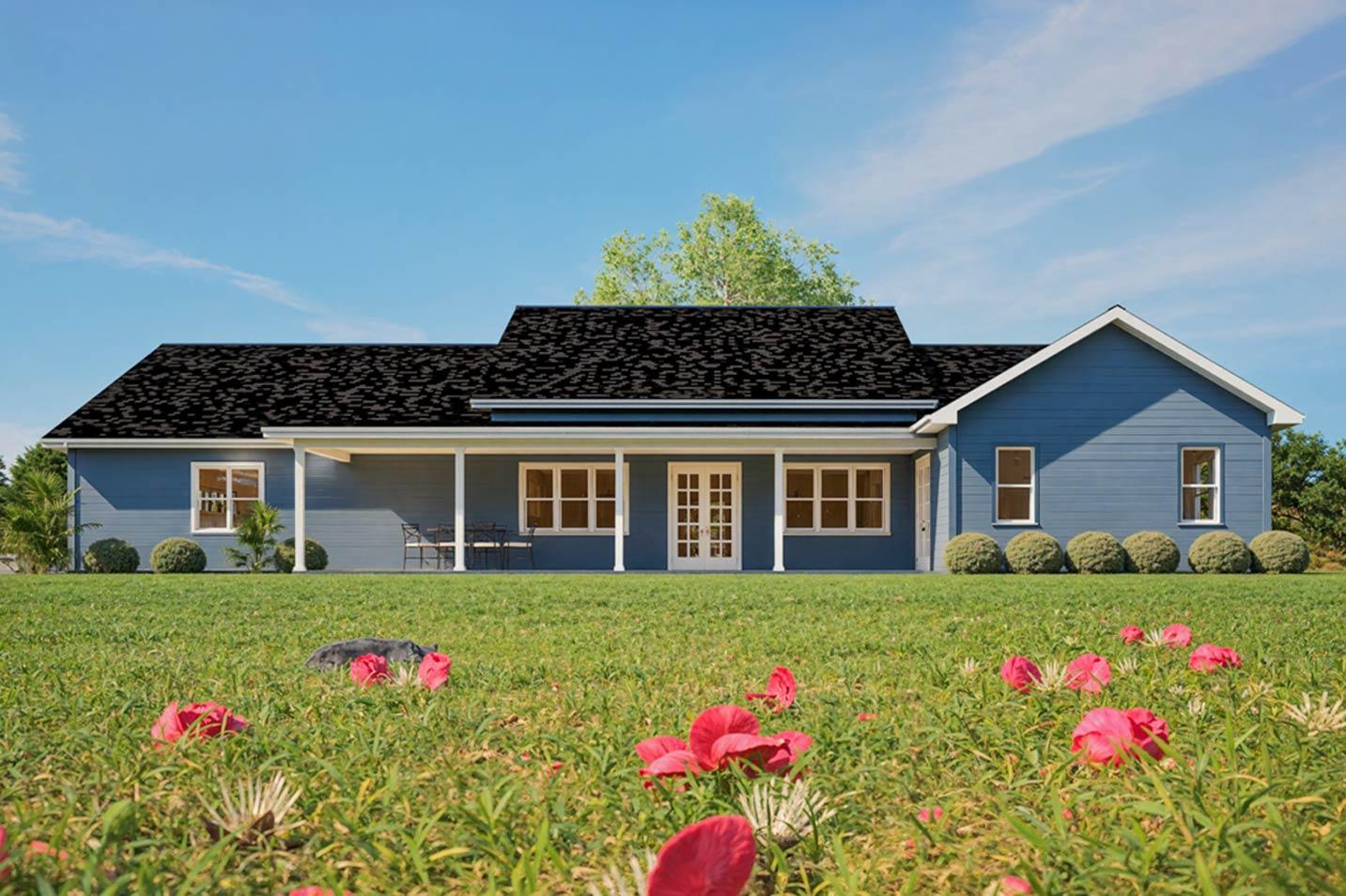 House plan exterior with blue siding, a front porch with columns, and a gable roof with a central dormer. Single story home.
