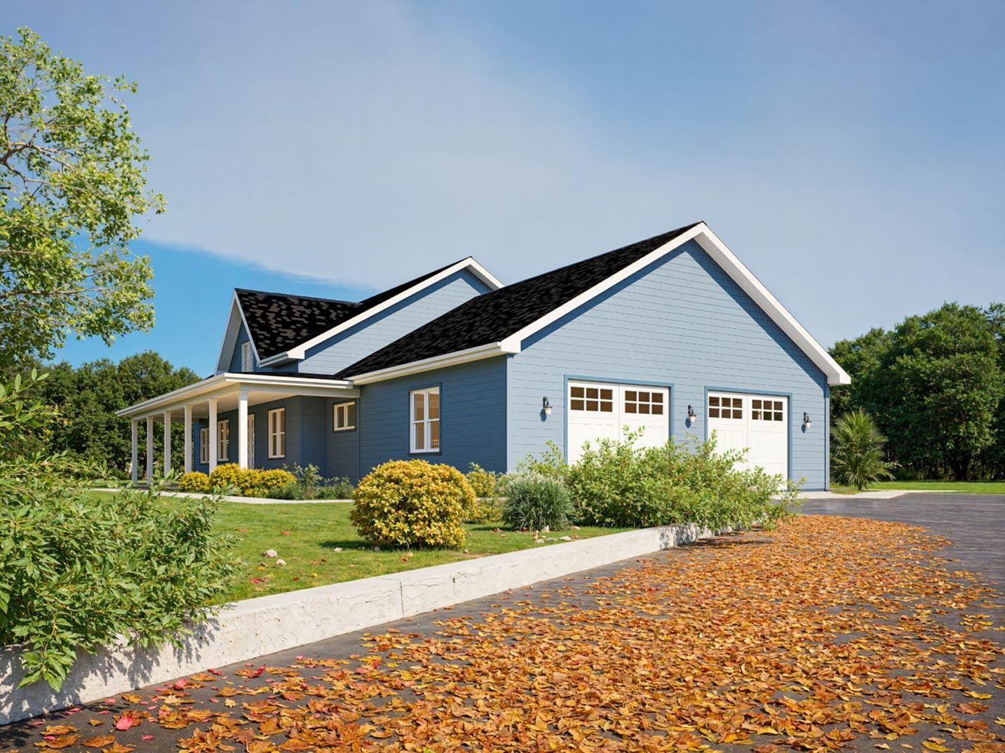 House plan exterior of a blue, one-story Modern Farmhouse with a wraparound porch, gables, and a three-car side-entry garage.