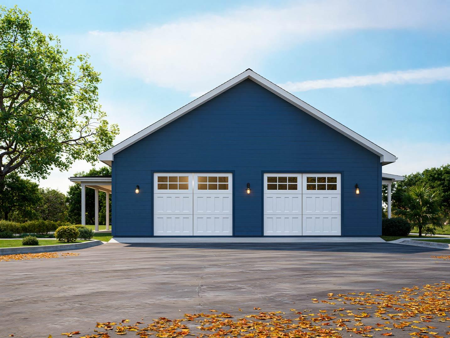 Exterior of a one-story house plan with a gabled roof, two garage doors with windows, and a covered side porch.