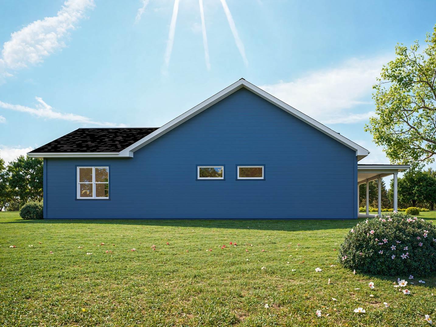 House plan exterior: one-story ranch with blue siding, gabled roof, a covered porch and three windows.