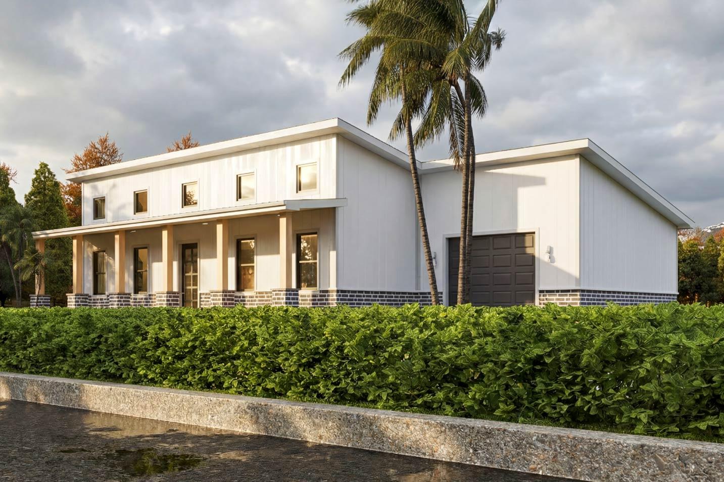 House plan exterior with modern style, featuring a porch with columns, a low-sloped roofline, and an attached garage.