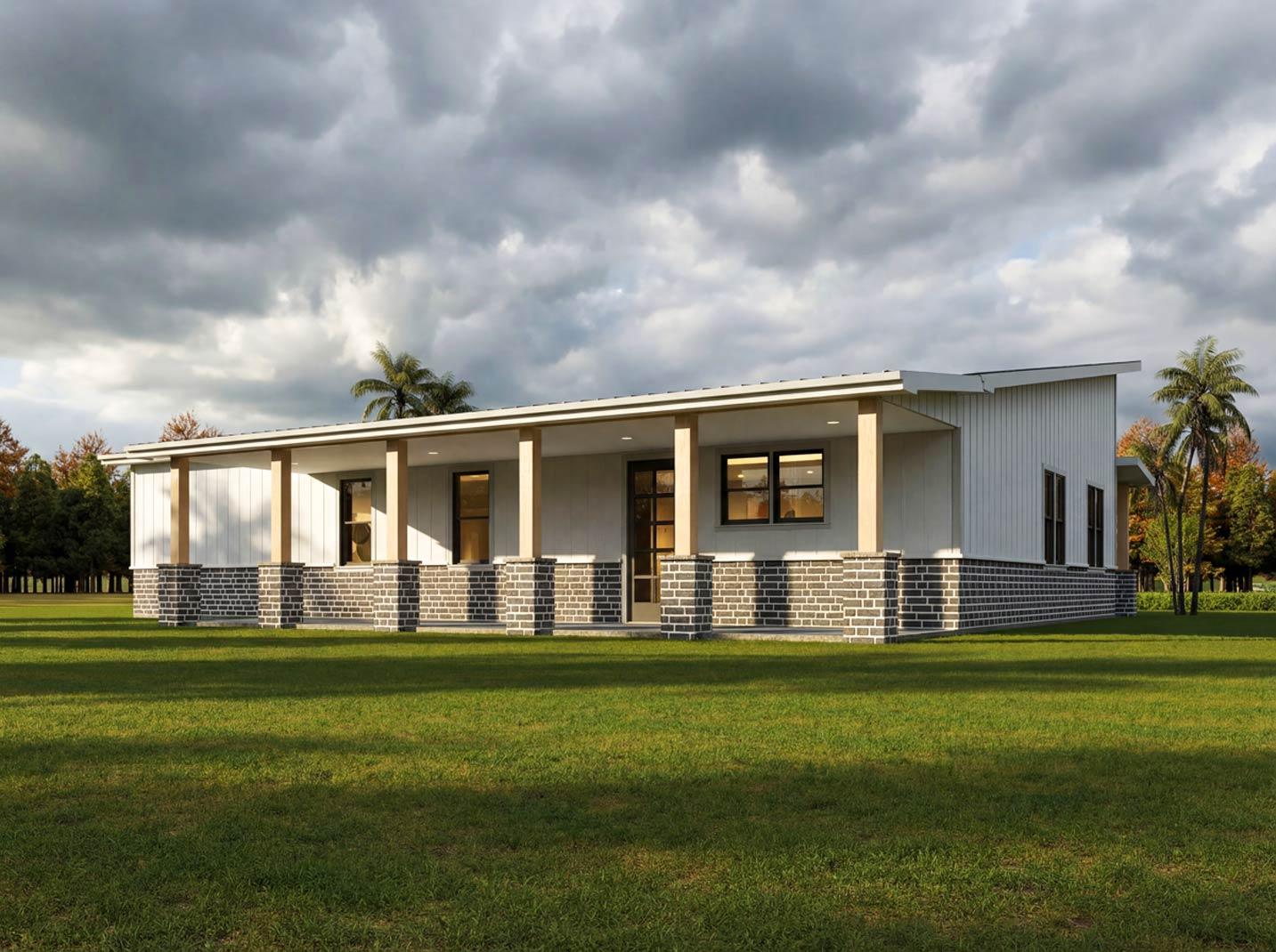 House plan exterior, one-story, modern style with a deep covered porch supported by square columns and a brick facade.