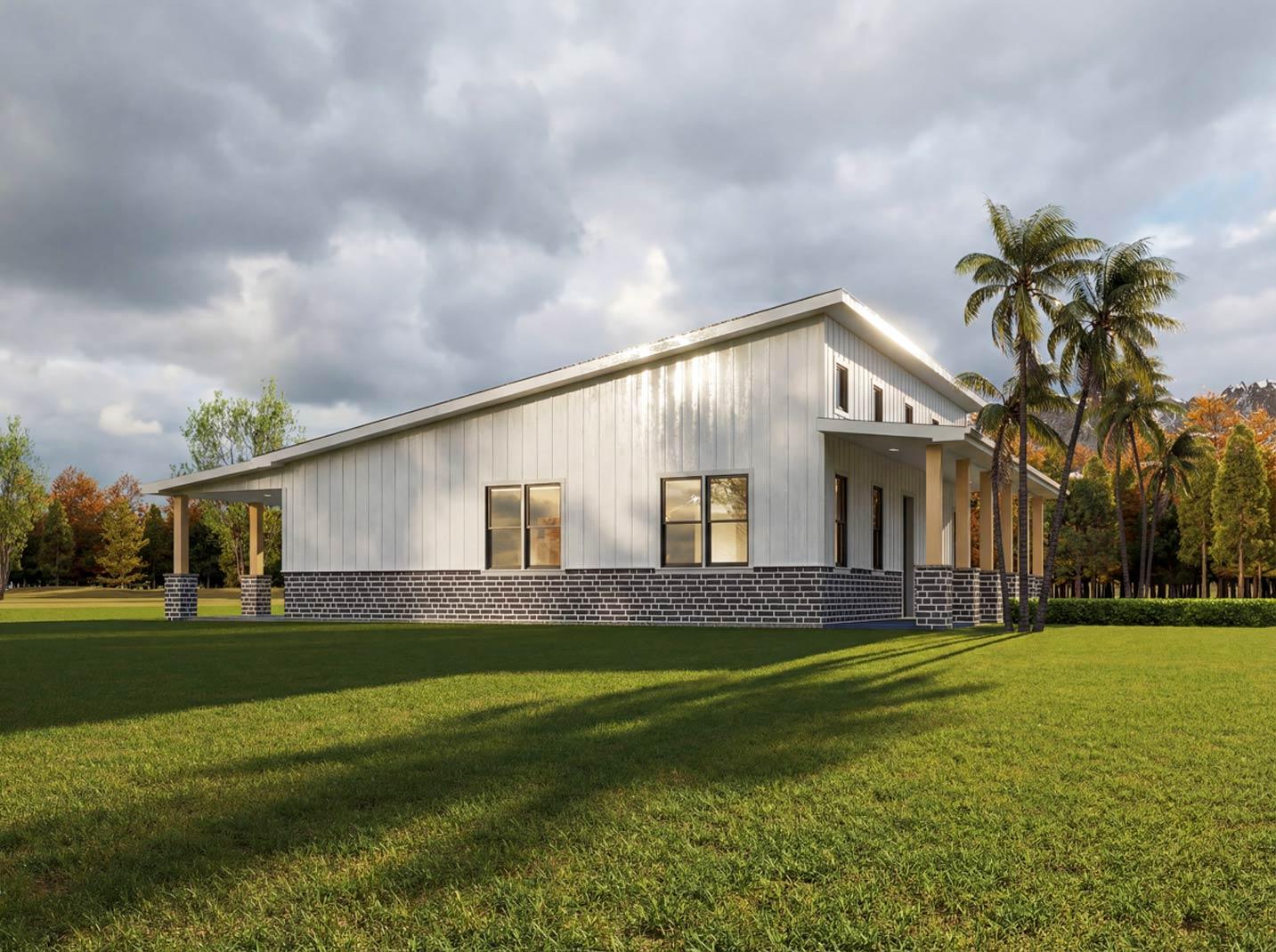 Modern house plan exterior with a metal roof, white vertical siding, brick base, and covered porch with columns.