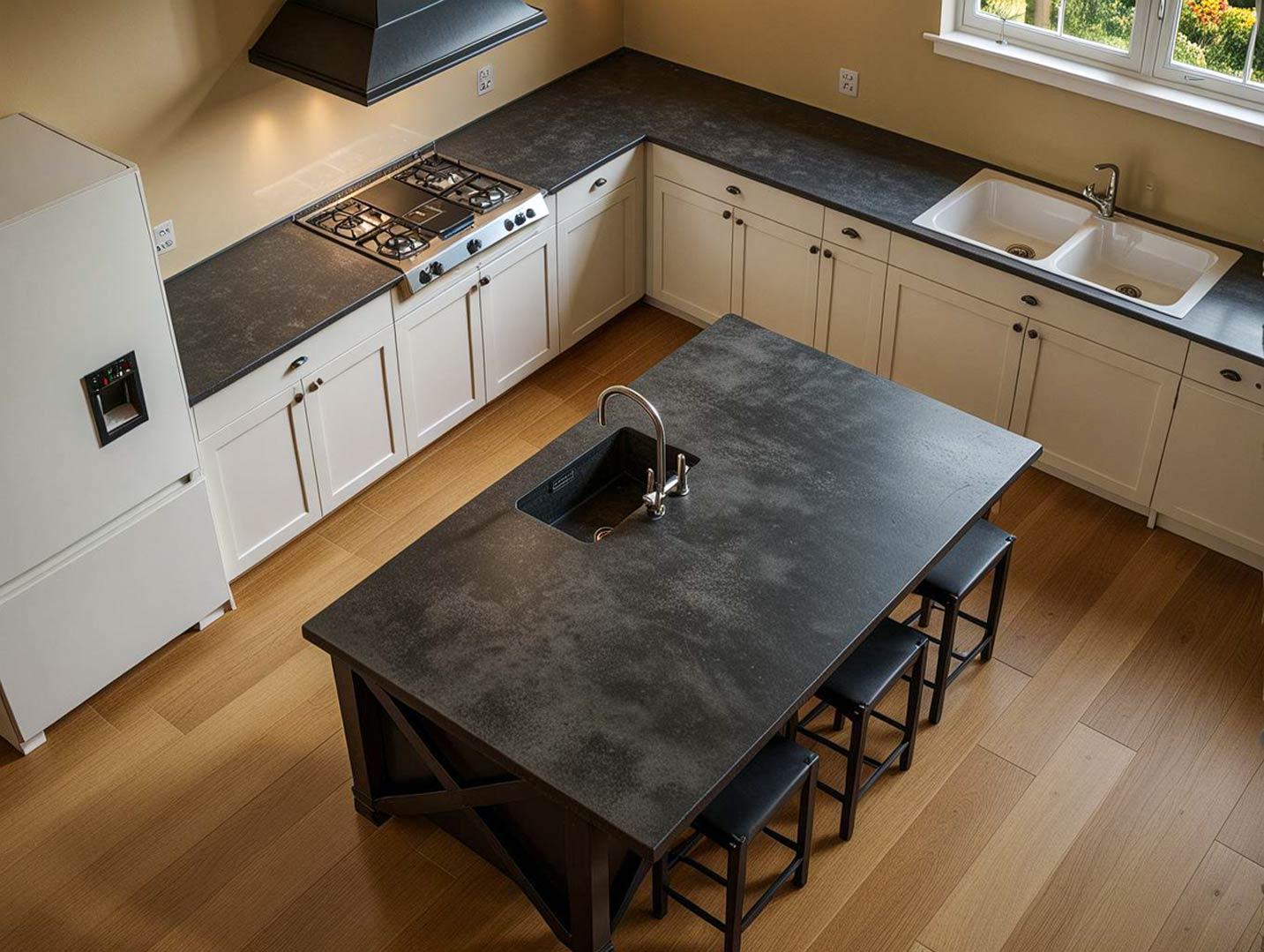 Kitchen with white cabinets, dark island with sink, gas range and double sink.