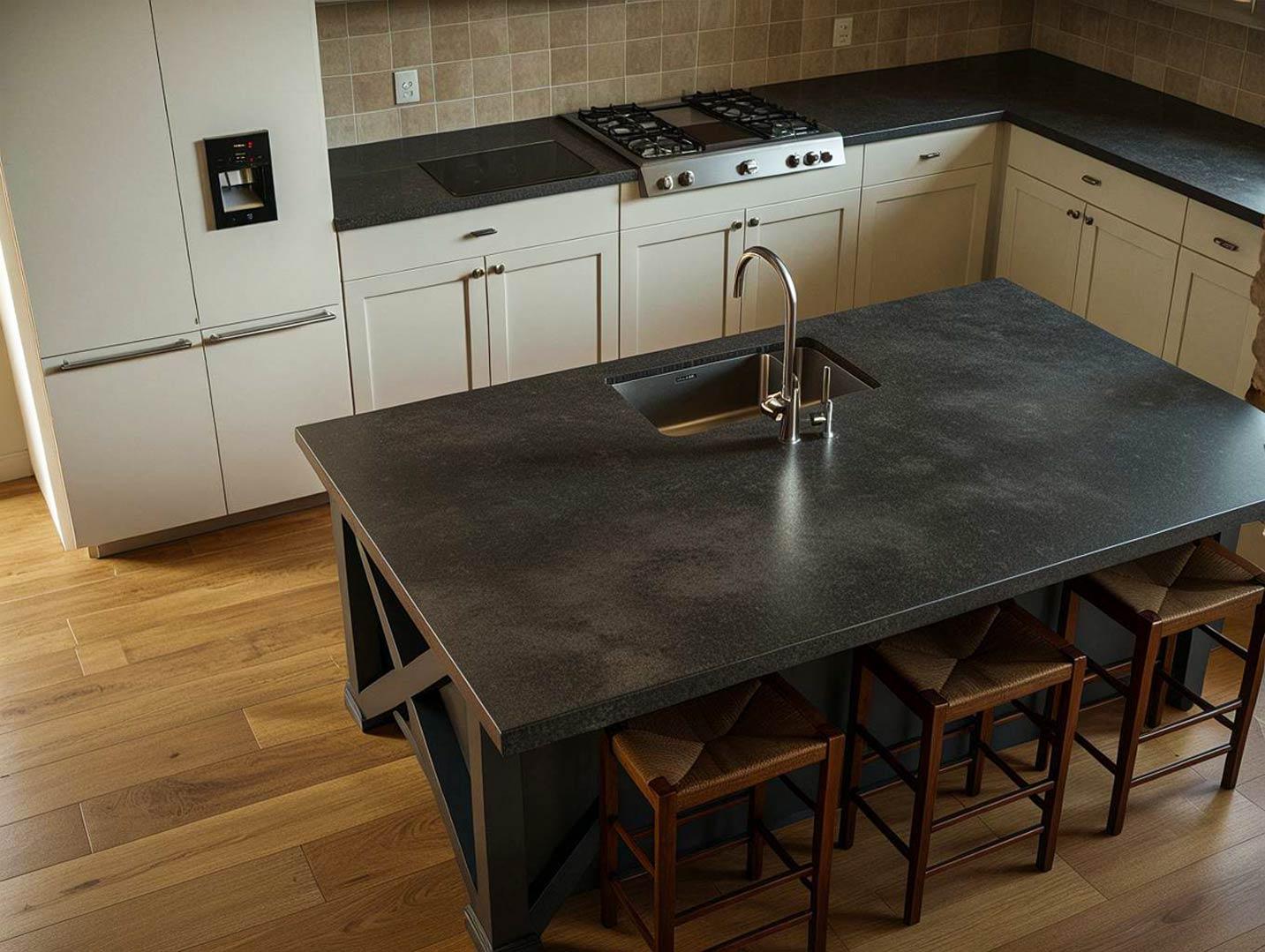 Kitchen featuring a dark countertop island with sink and faucet, white cabinetry, stainless steel range, and wood flooring.