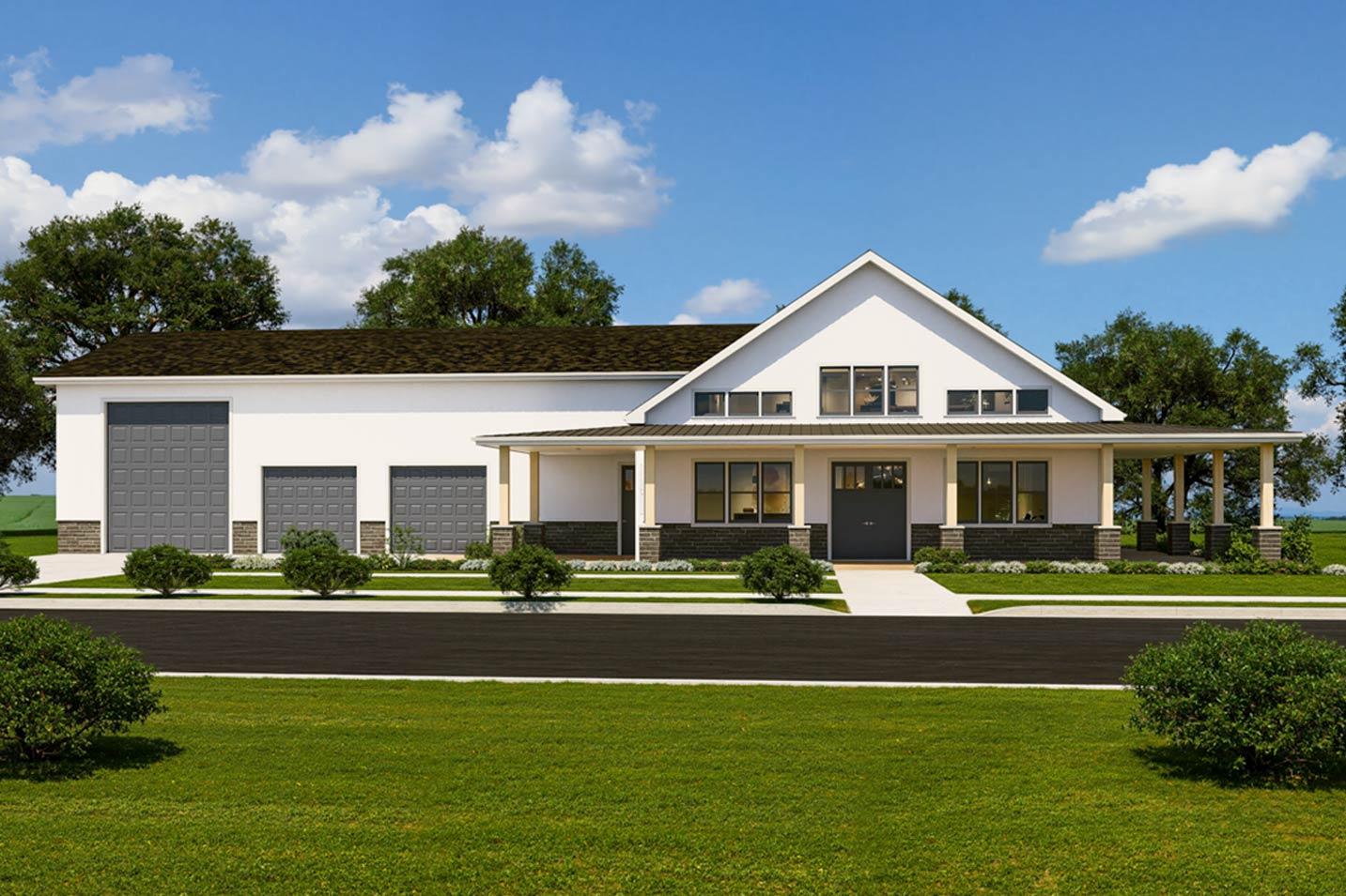 House plan exterior. Modern style, single story. Features include a gabled roof, covered porch, and three-bay garage.